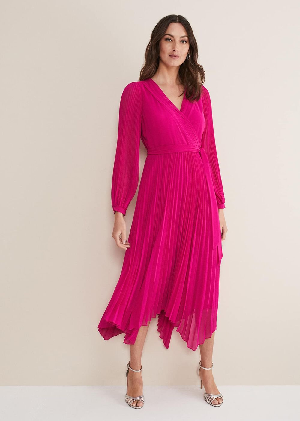 Magenta Pink Long Sleeve Pleated Midi Wrap Dress Magenta Pink