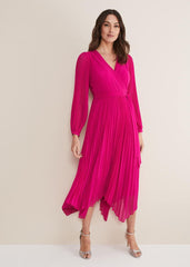 Magenta Pink Long Sleeve Pleated Midi Wrap Dress Magenta Pink