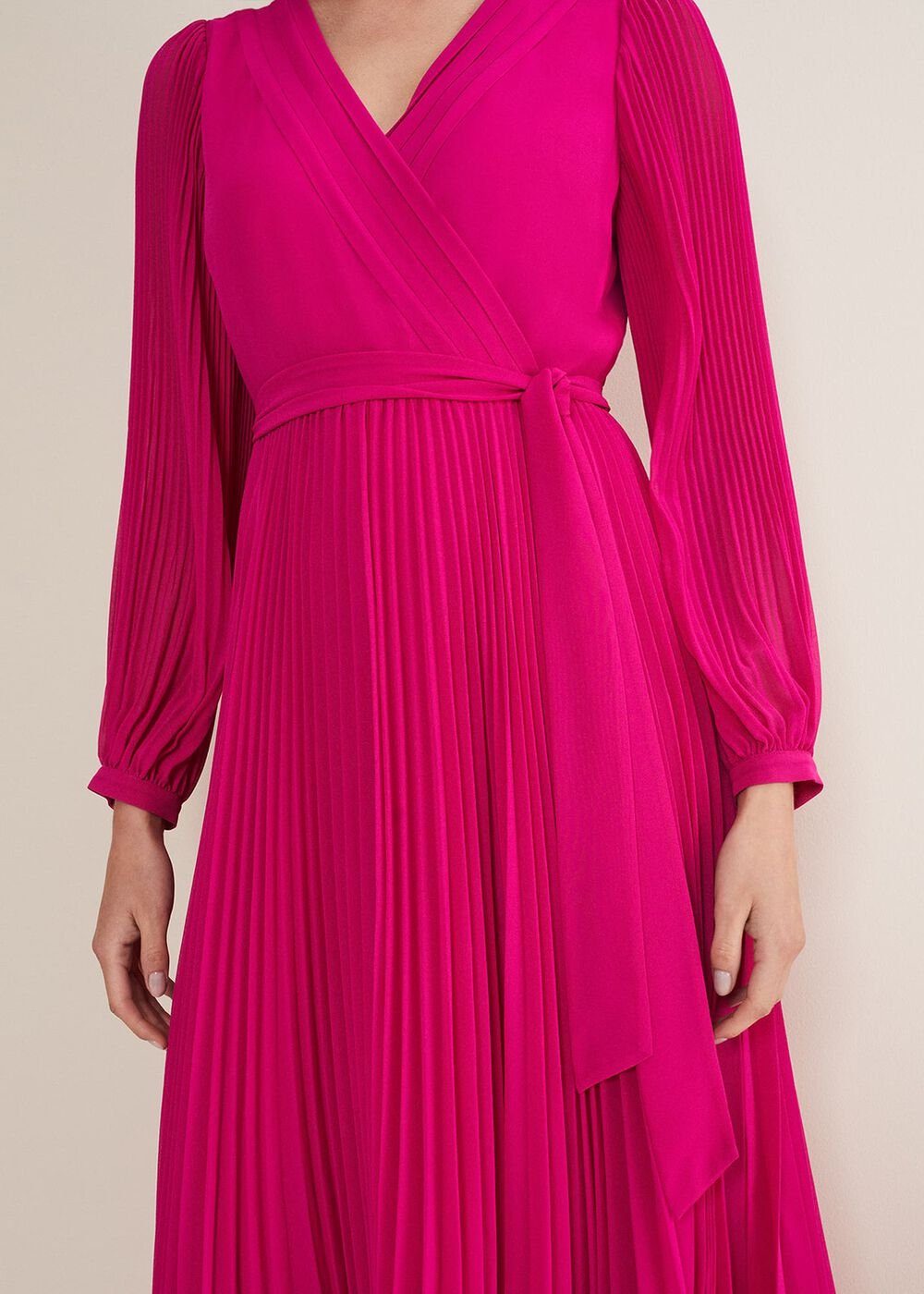 Magenta Pink Long Sleeve Pleated Midi Wrap Dress Magenta Pink