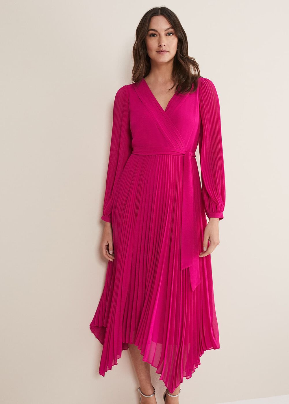 Magenta Pink Long Sleeve Pleated Midi Wrap Dress Magenta Pink
