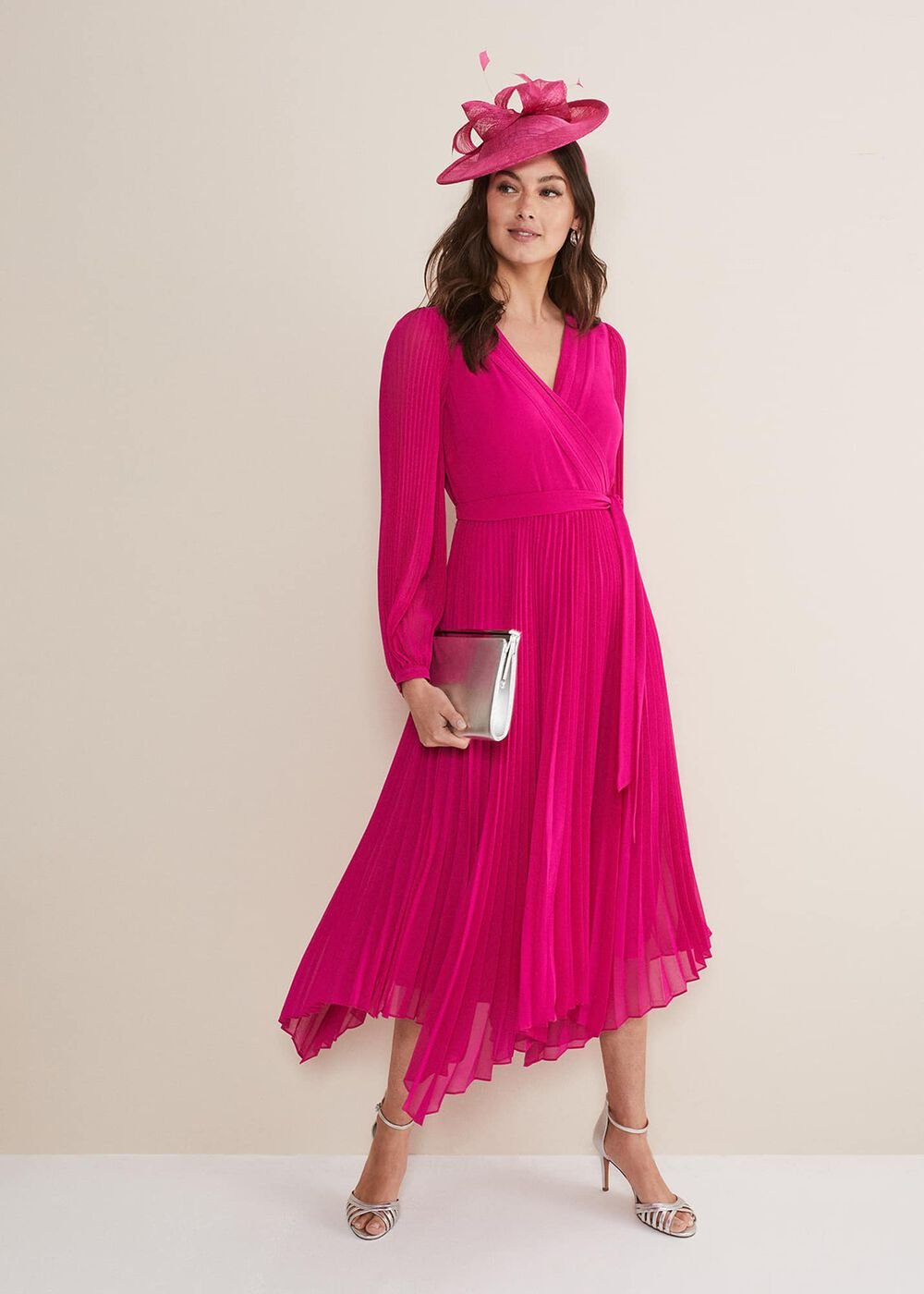 Magenta Pink Long Sleeve Pleated Midi Wrap Dress Magenta Pink