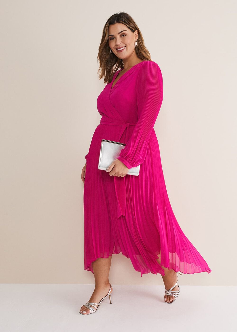 Magenta Pink Long Sleeve Pleated Midi Wrap Dress Magenta Pink