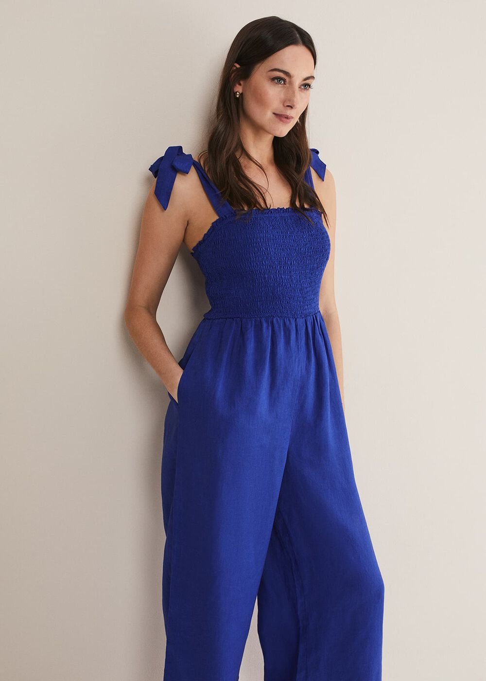 Ona Linen Shirred Wide Leg Jumpsuit Cobalt