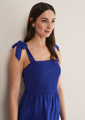 Ona Linen Shirred Wide Leg Jumpsuit Cobalt