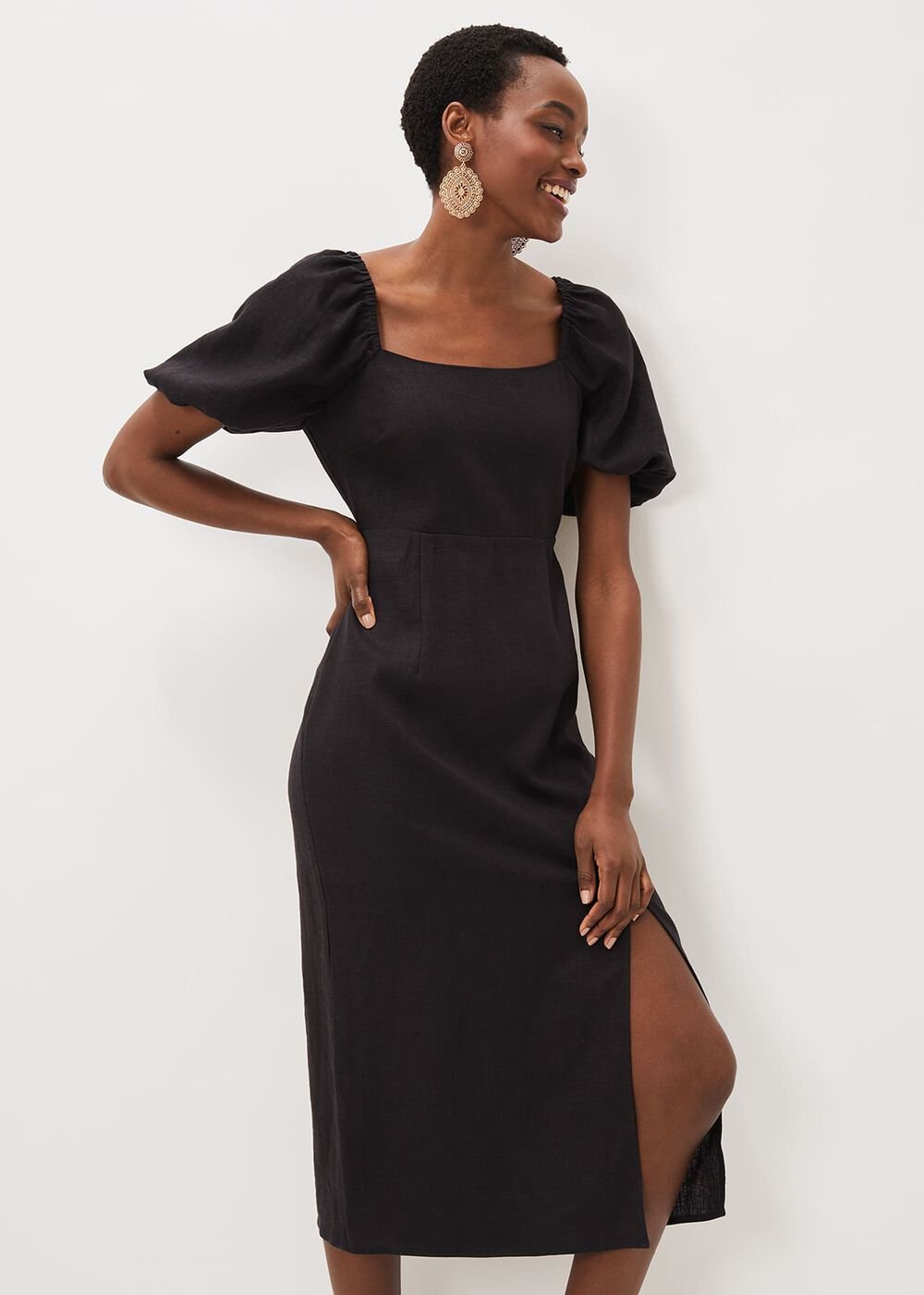 Effie Linen Puff Sleeve Dress Black