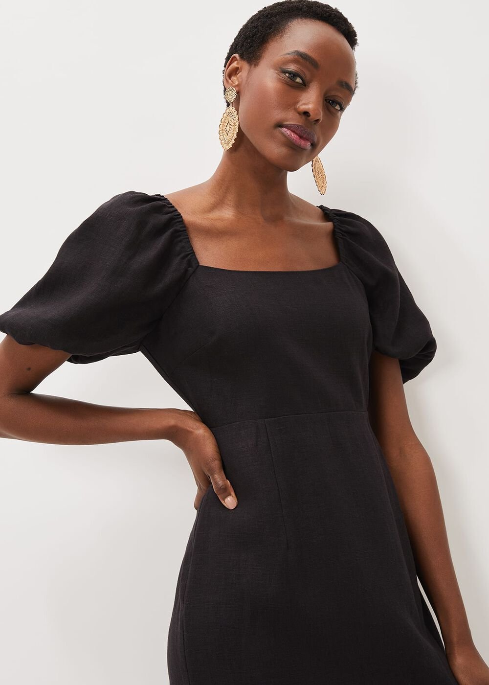 Effie Linen Puff Sleeve Dress Black