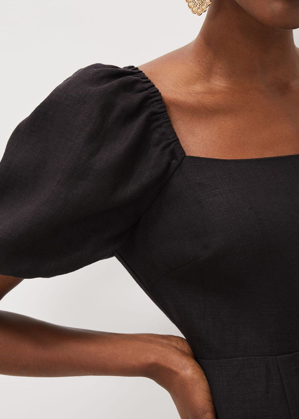 Effie Linen Puff Sleeve Dress Black