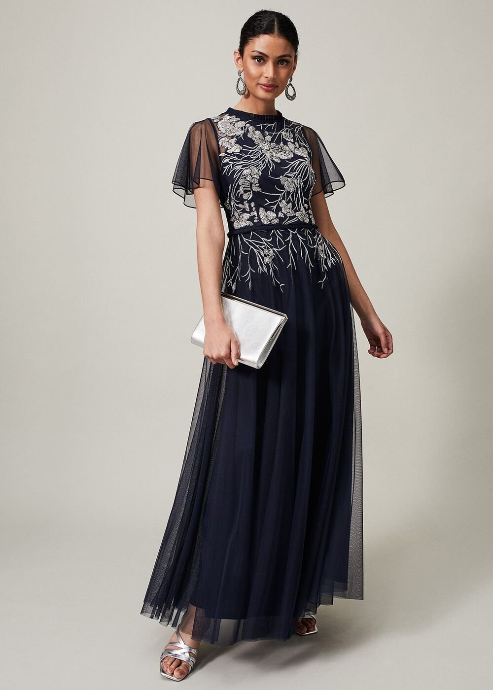 Zena Beaded Tulle Maxi Dress Navy/Silver