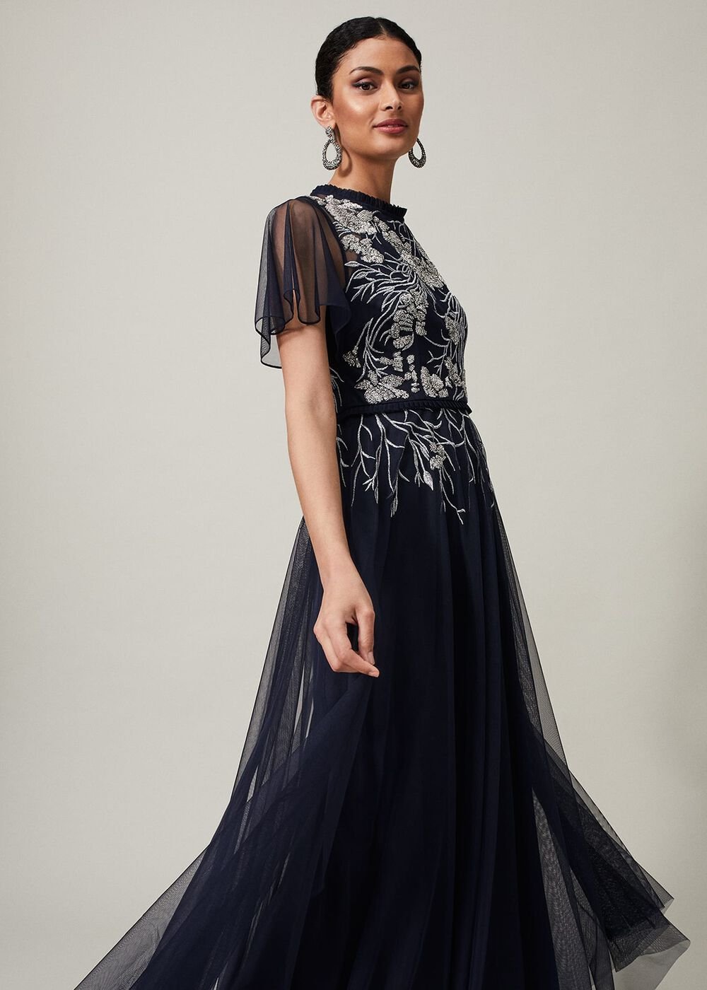 Zena Beaded Tulle Maxi Dress Navy/Silver