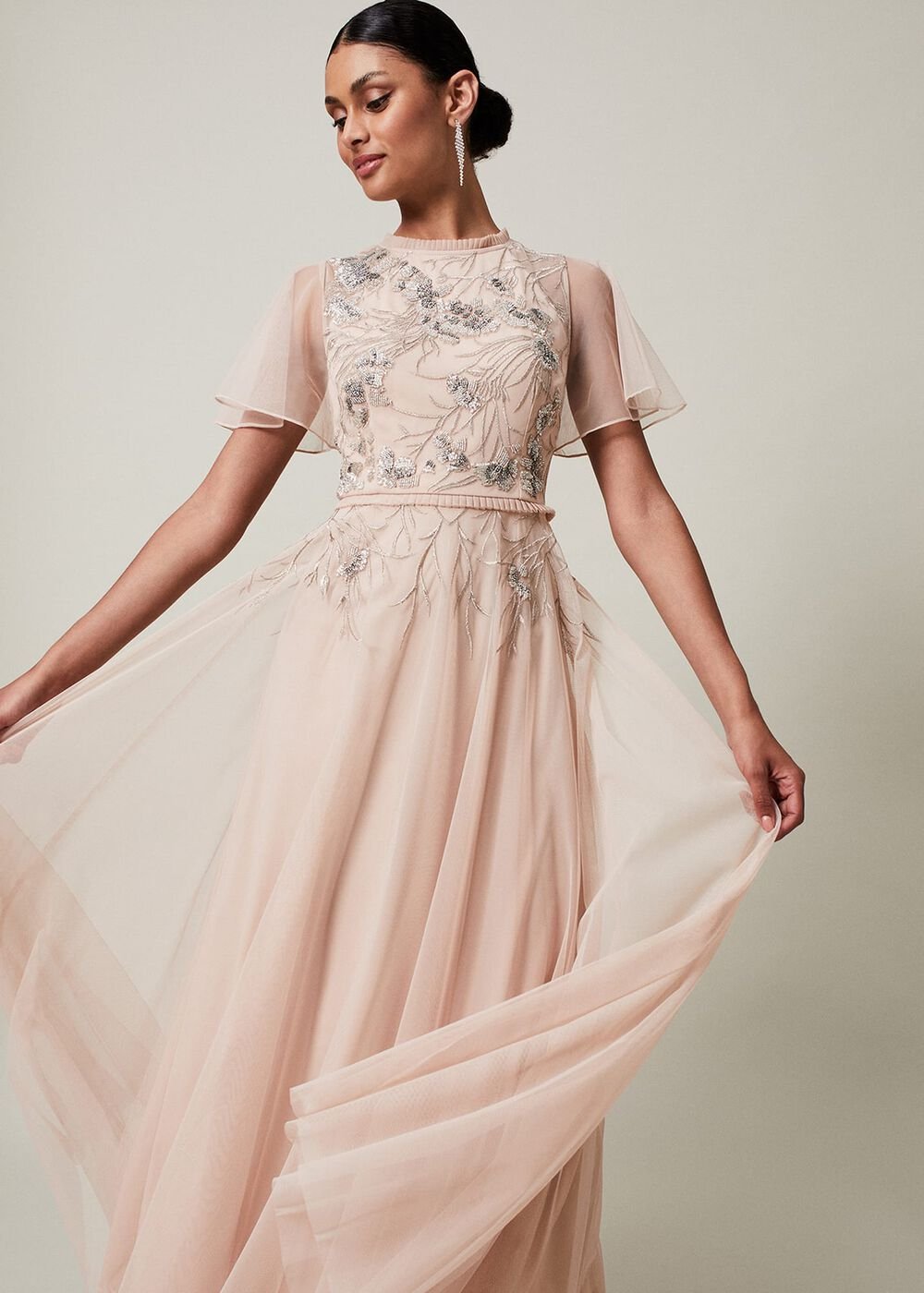 Zena Beaded Tulle Maxi Dress Pale Pink/Silver