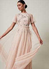 Zena Beaded Tulle Maxi Dress Pale Pink/Silver