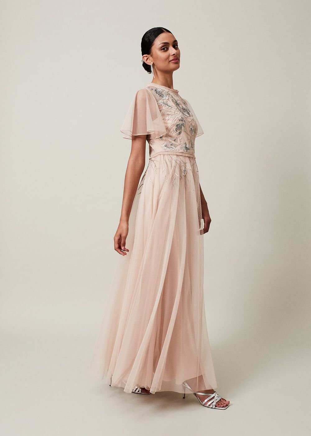 Zena Beaded Tulle Maxi Dress Pale Pink/Silver