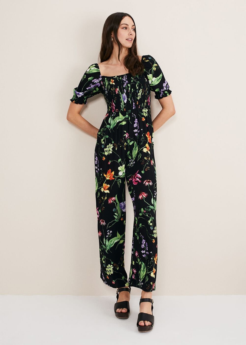 Zaylah Floral Shirred Waist Jumpsuit Black