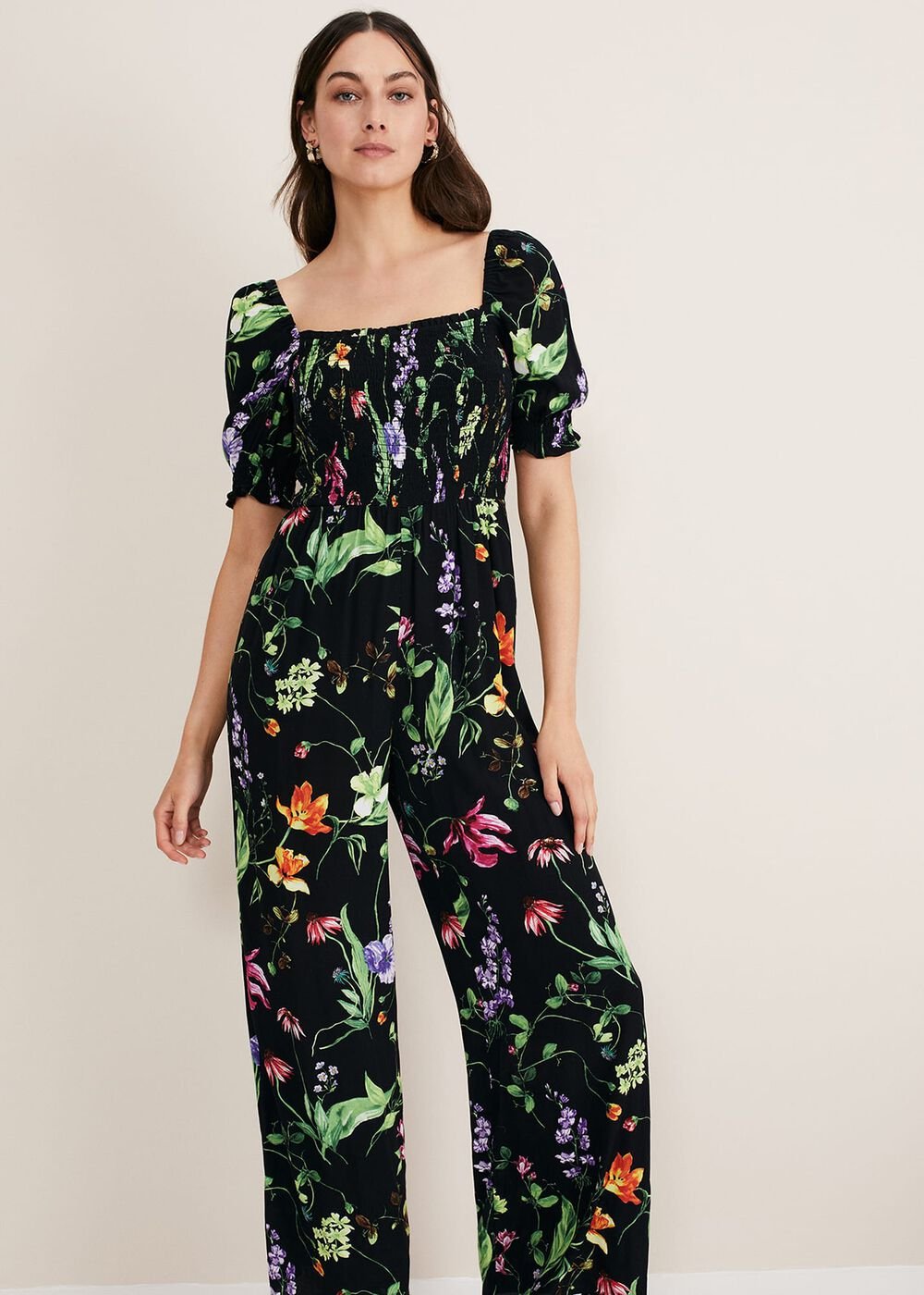 Zaylah Floral Shirred Waist Jumpsuit Black