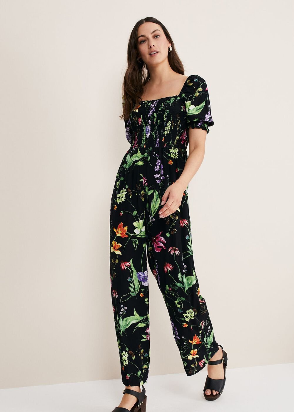 Zaylah Floral Shirred Waist Jumpsuit Black