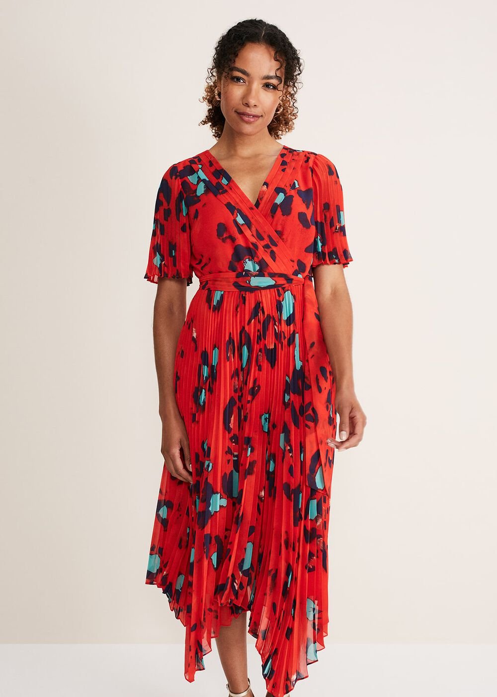 Kendall Butterfly Print Pleated Midi Dress Vermillion/multi