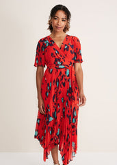 Kendall Butterfly Print Pleated Midi Dress Vermillion/multi
