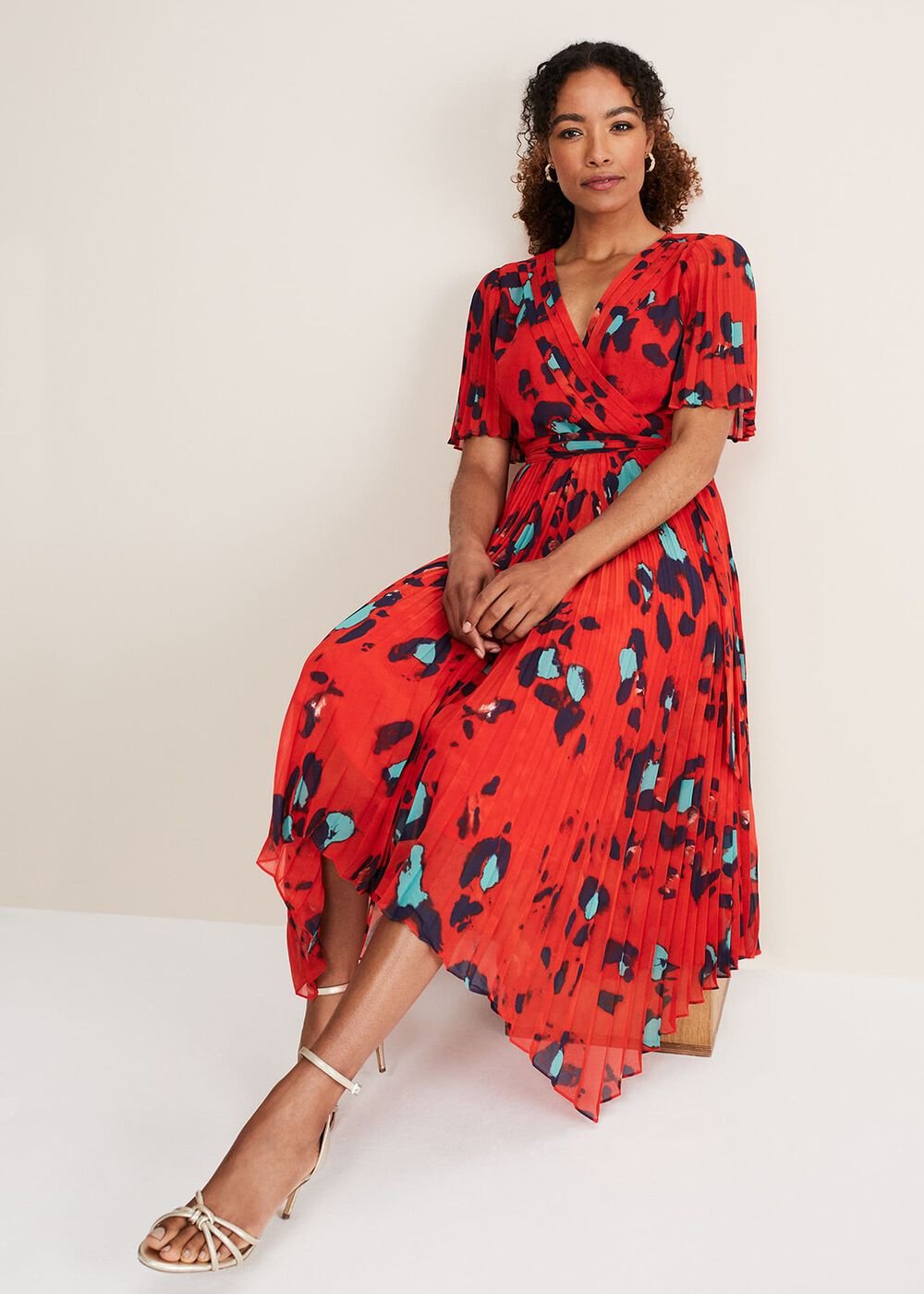 Kendall Butterfly Print Pleated Midi Dress Vermillion/multi
