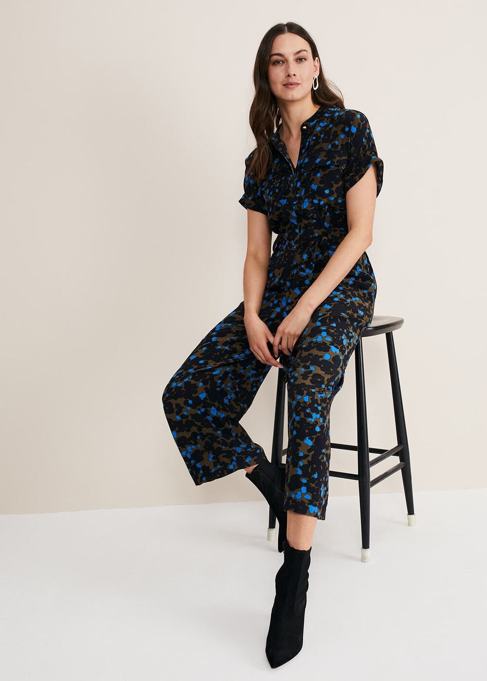 Nell Floral Wide Leg Jumpsuit Khaki/Blue