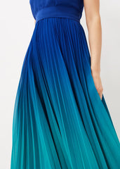 Cobalt Blue Ombre Midi Dress with Pleated Skirt Cobalt/Malachite