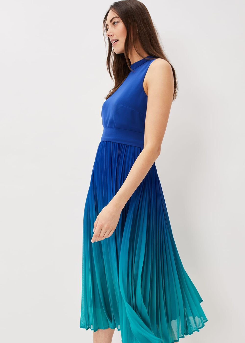 Cobalt Blue Ombre Midi Dress with Pleated Skirt Cobalt/Malachite