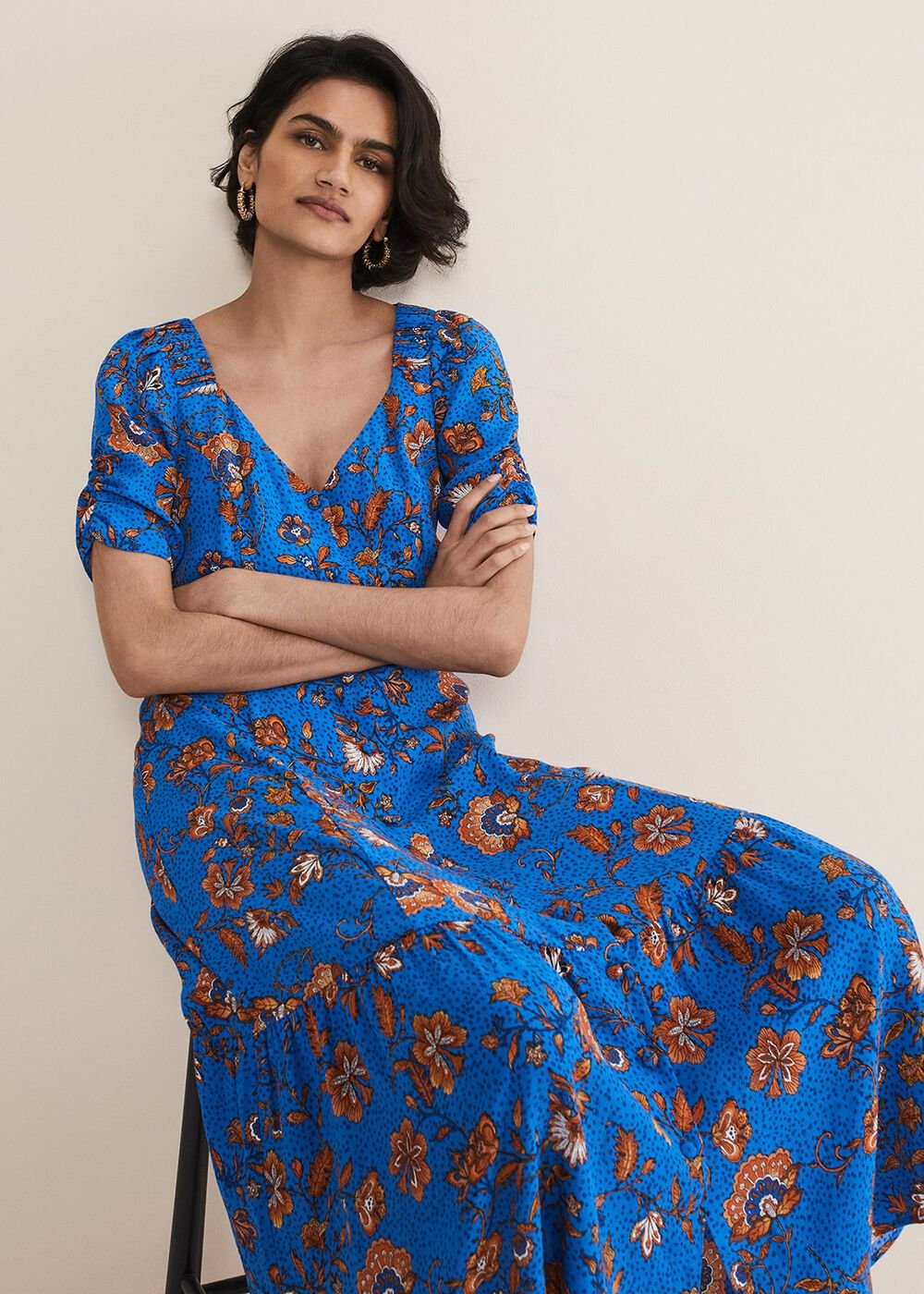 Adriel Paisley Midi Dress Blues/Orange