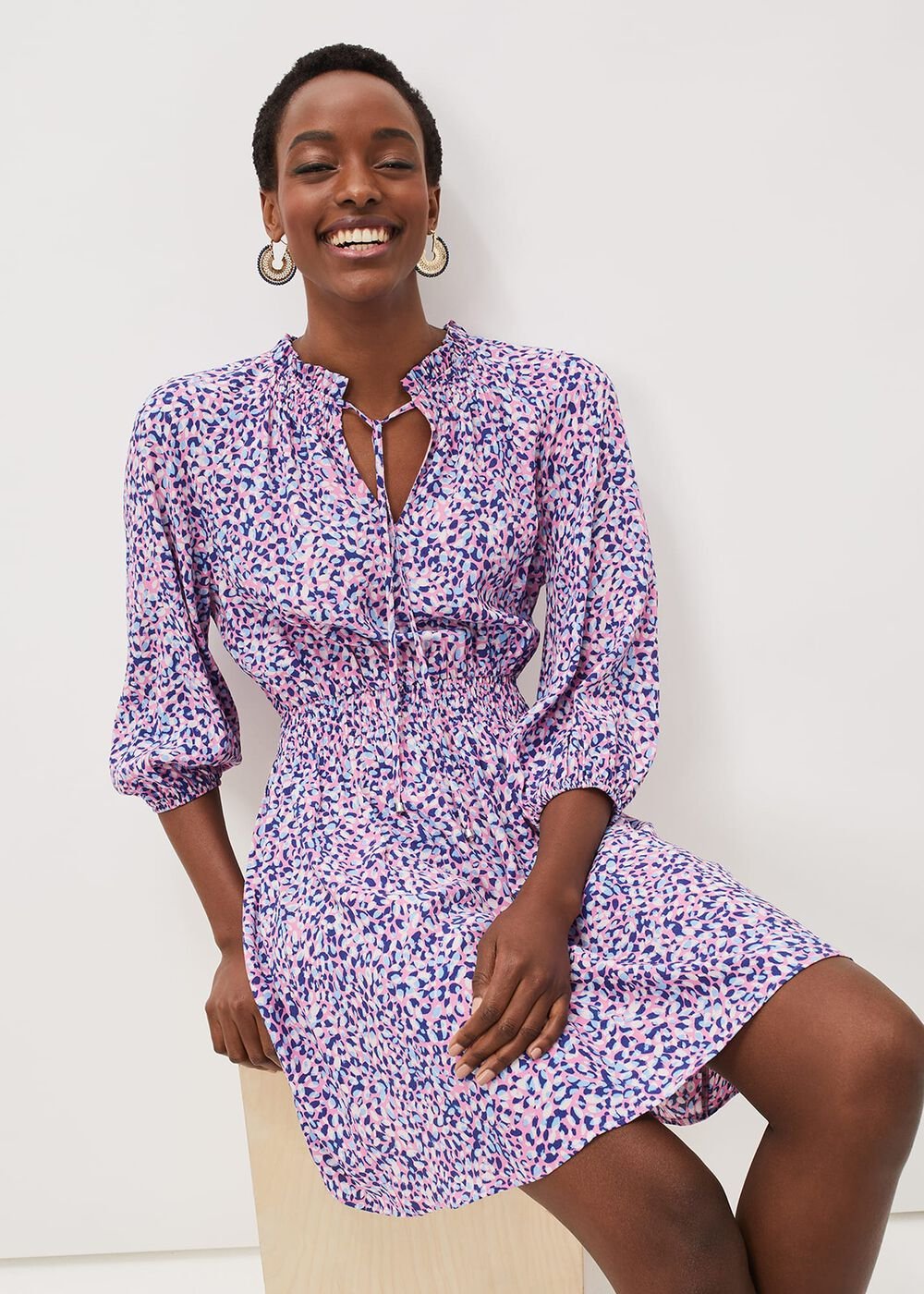 Phillipa Almond Print Short Dress Pink Multi