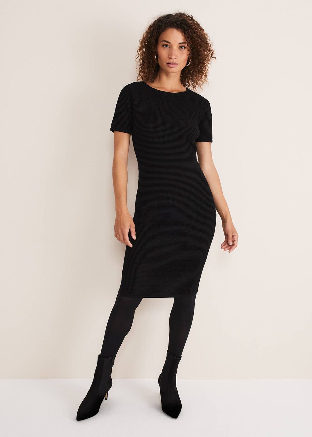 Elsa Ribbed Short Sleeve T-Shirt Dress Black