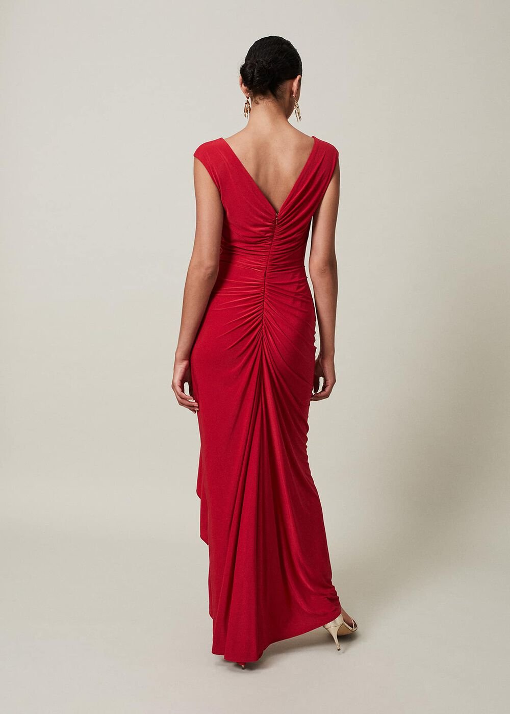 Red Asymmetrical Evening Gown with Ruched Detailing Scarlet