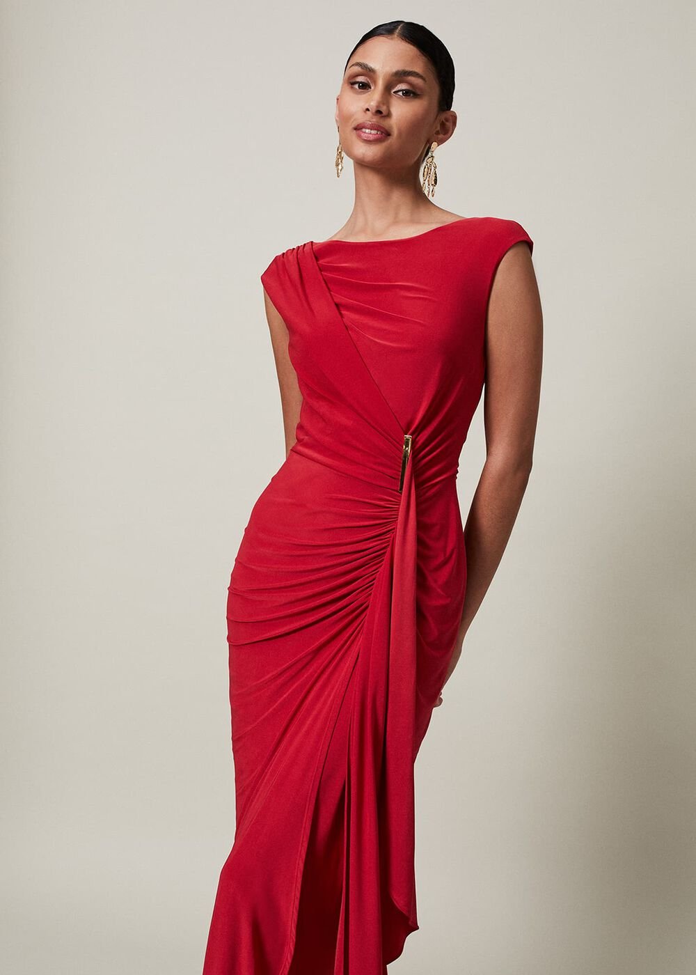 Red Asymmetrical Evening Gown with Ruched Detailing Scarlet
