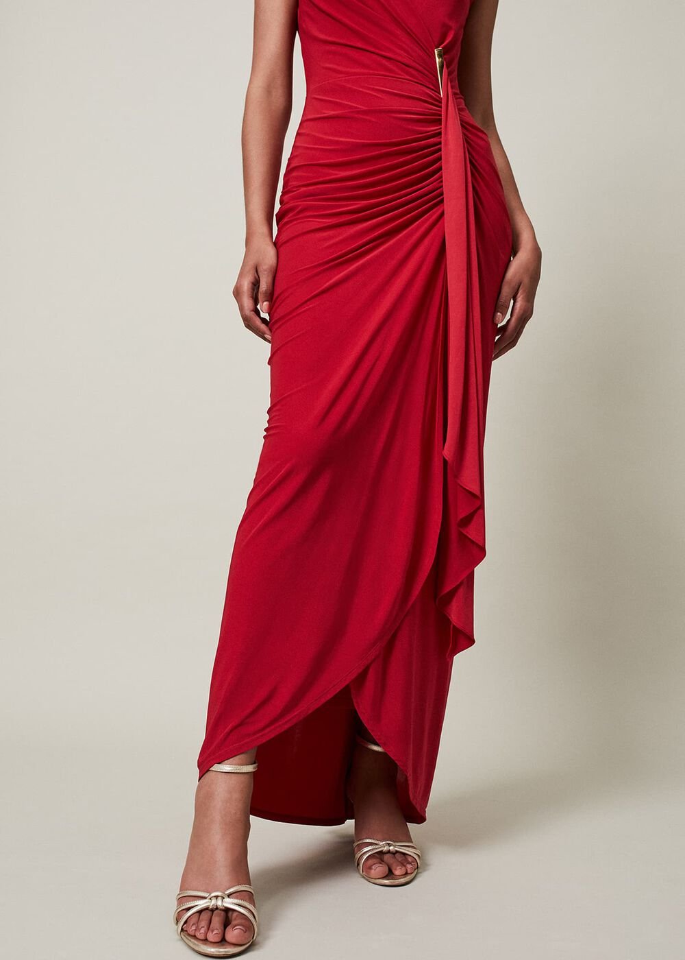 Red Asymmetrical Evening Gown with Ruched Detailing Scarlet