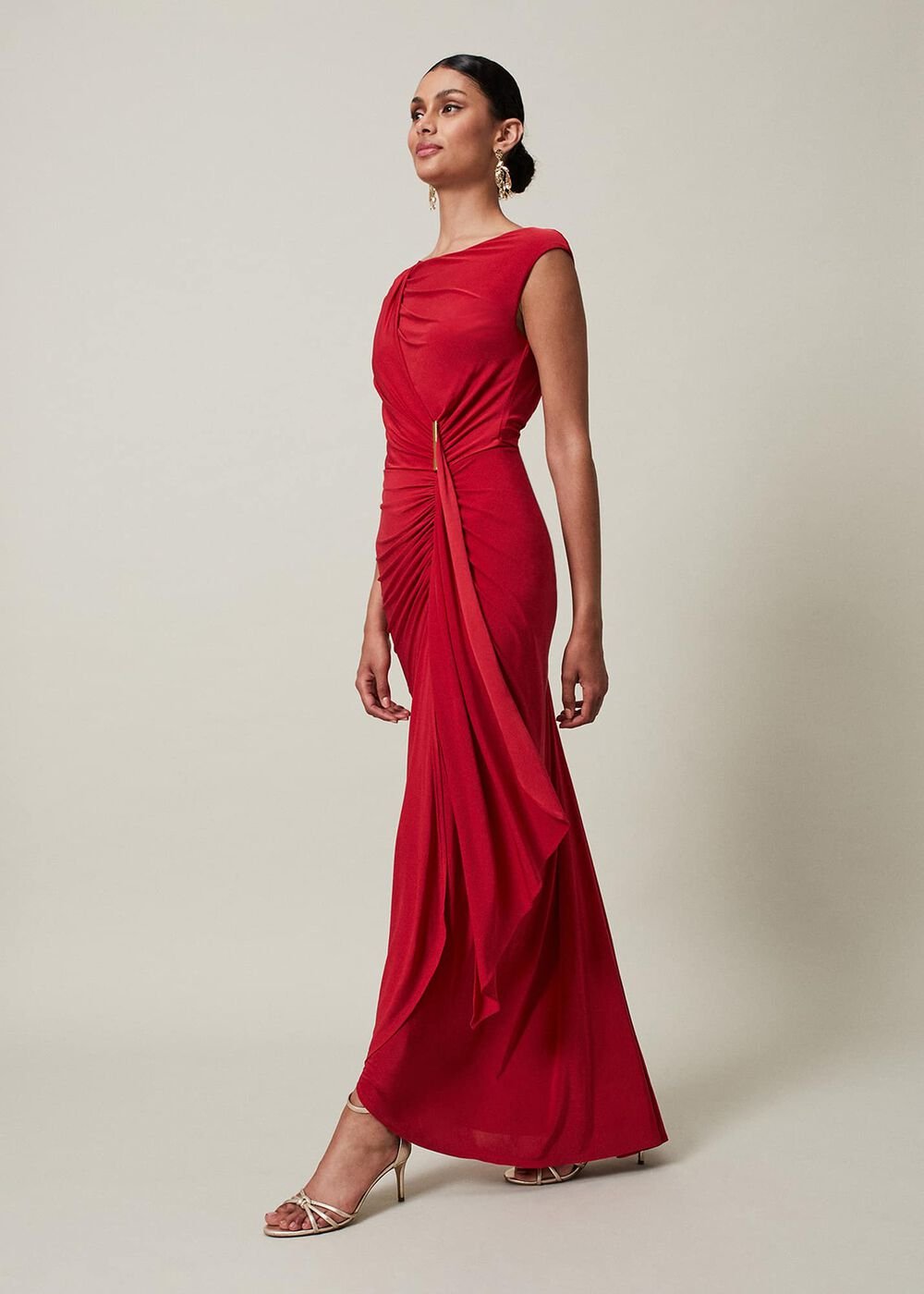 Red Asymmetrical Evening Gown with Ruched Detailing Scarlet