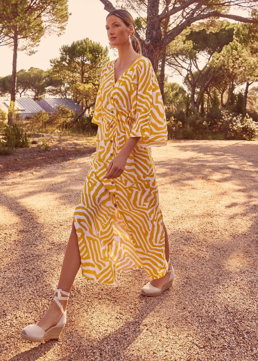 Dena Linen Zebra Print Maxi Dress Yellow/White