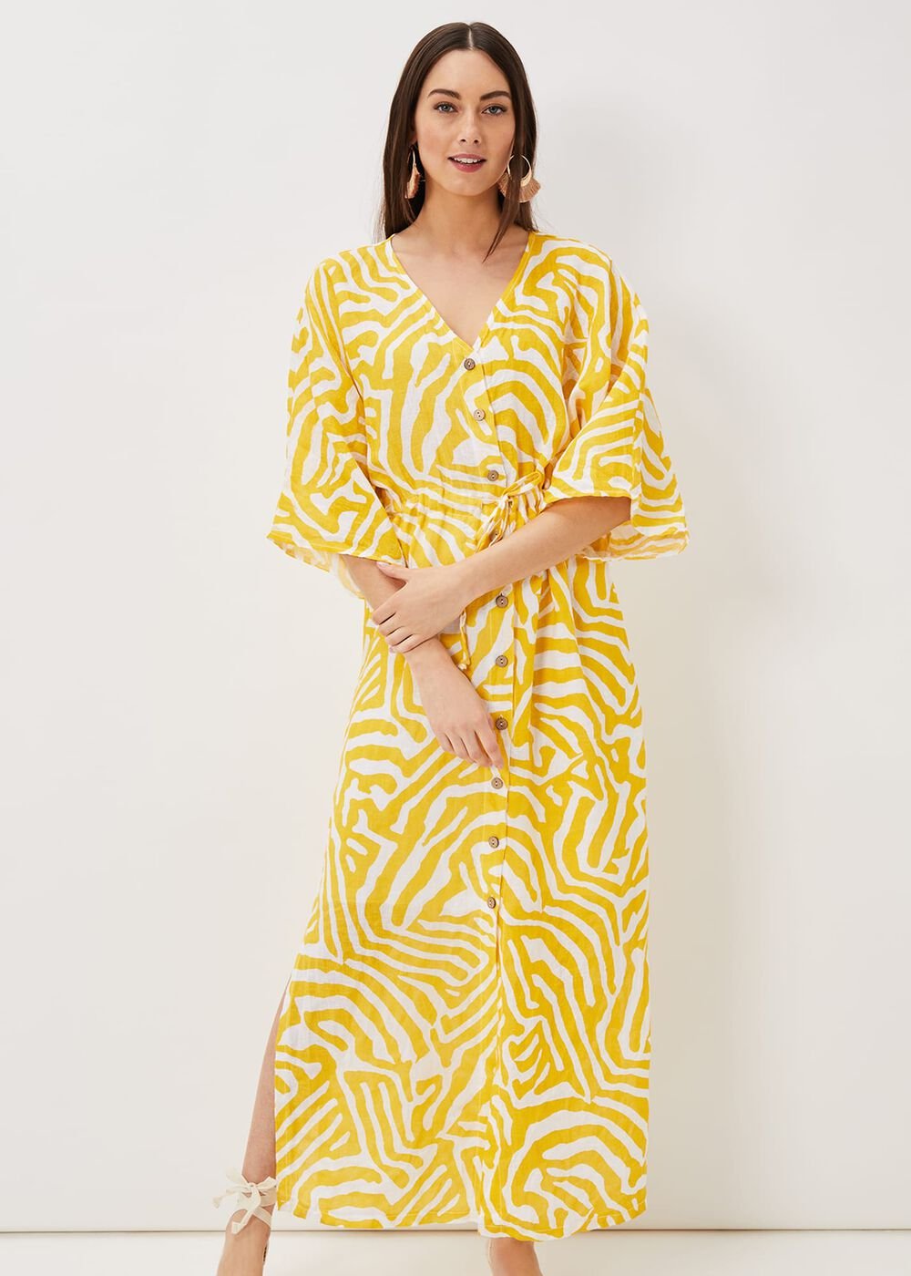 Dena Linen Zebra Print Maxi Dress Yellow/White