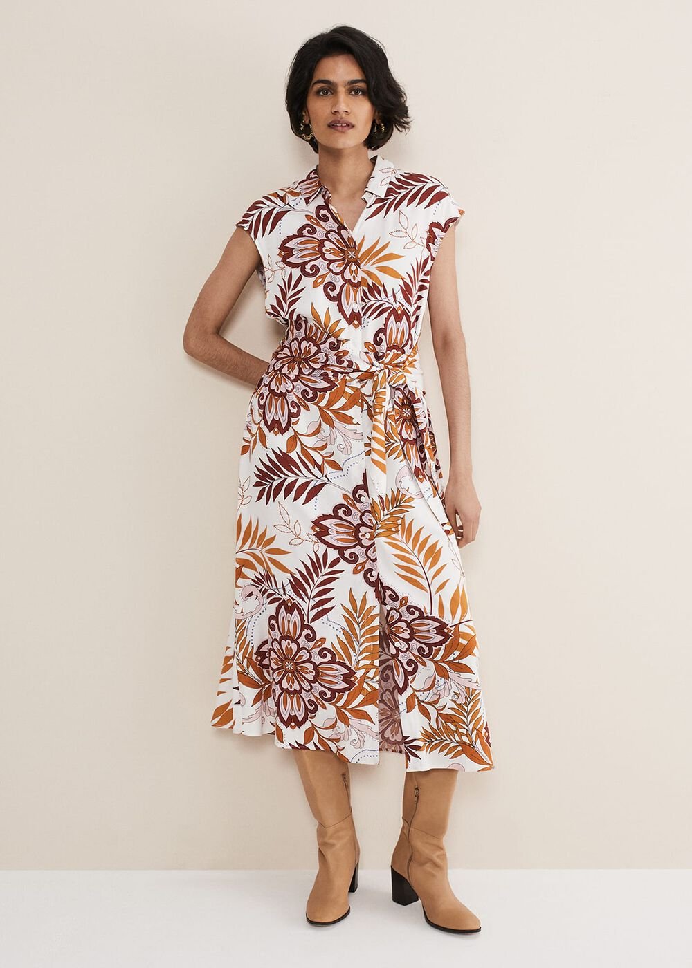 Estelle Paisley Tie Waist Dress Ivory Multi