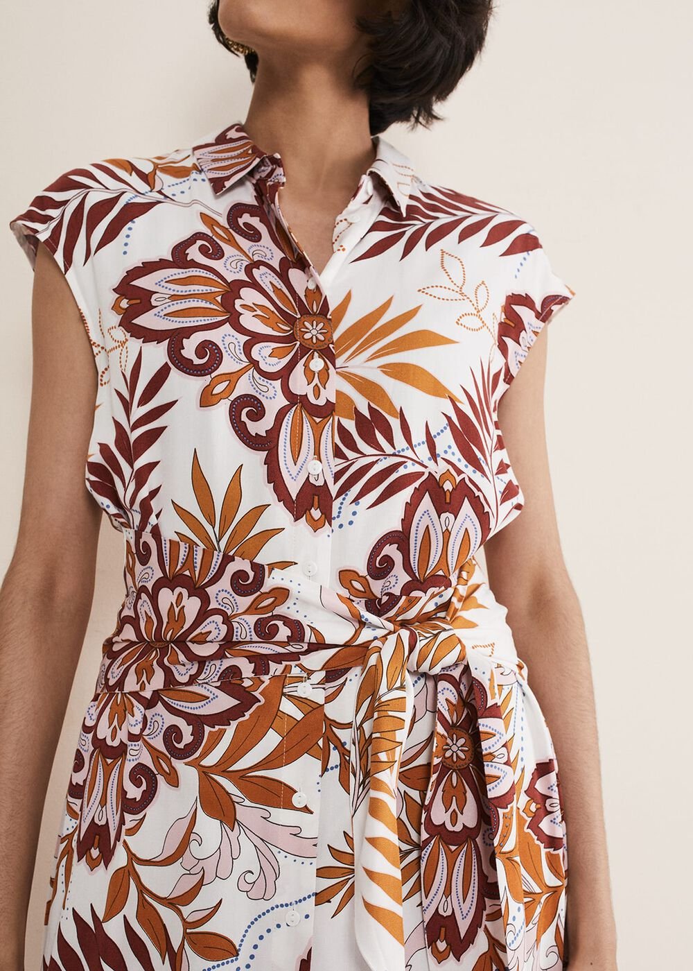 Estelle Paisley Tie Waist Dress Ivory Multi
