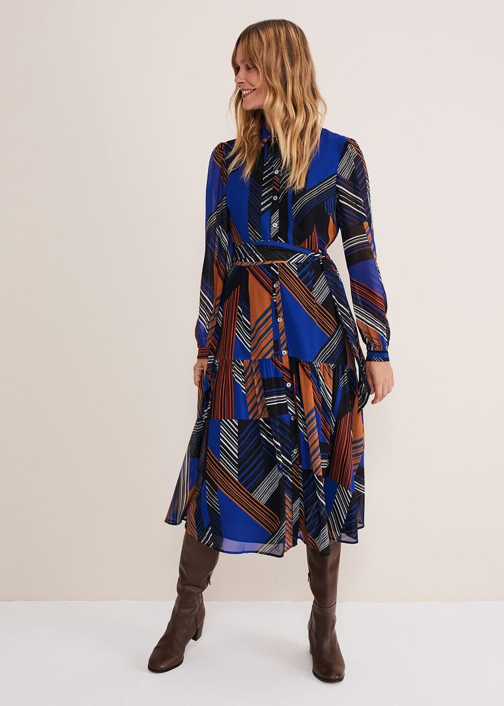 Chantilly Chiffon Shirt Dress Ochre/Blue/White