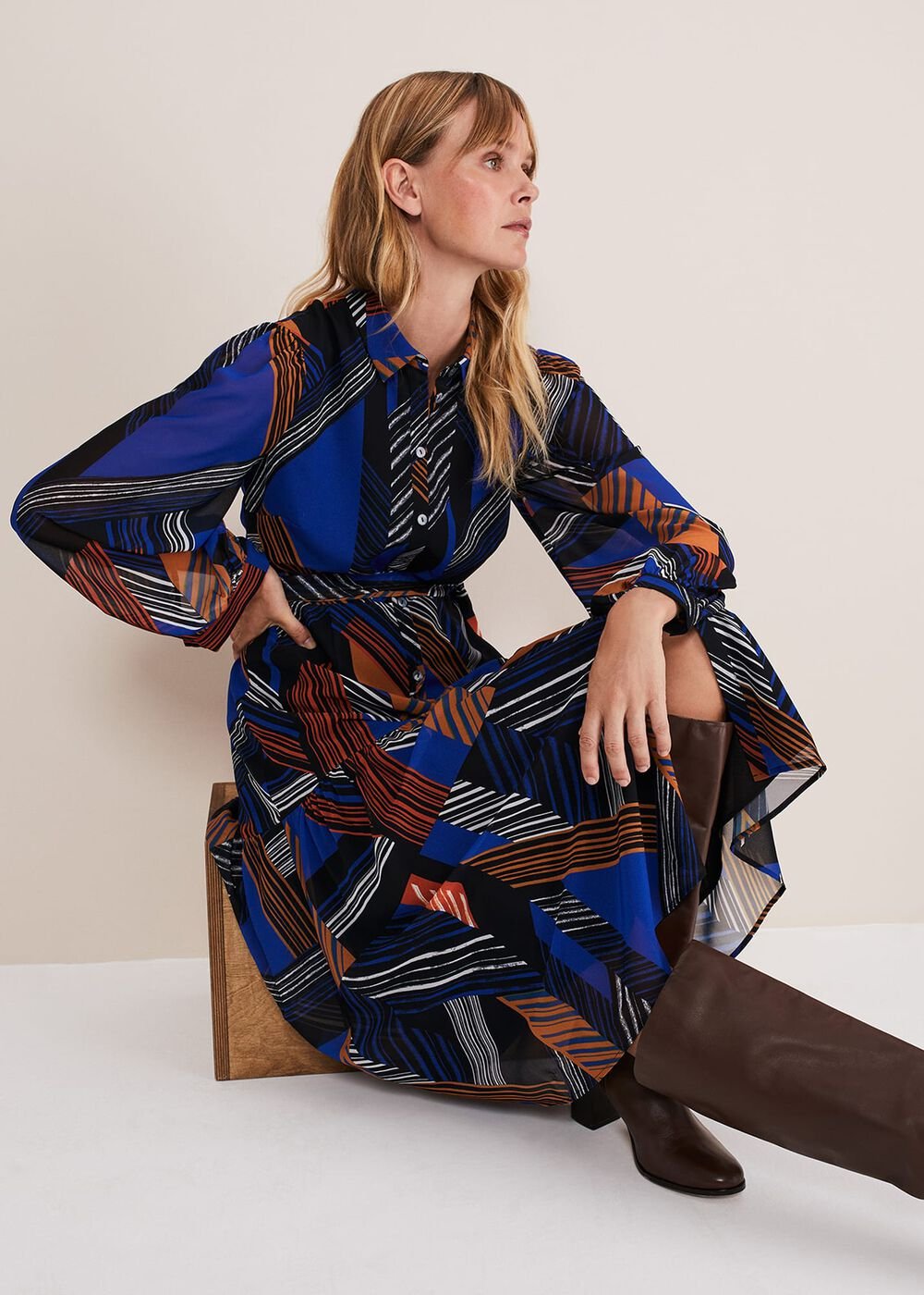 Chantilly Chiffon Shirt Dress Ochre/Blue/White