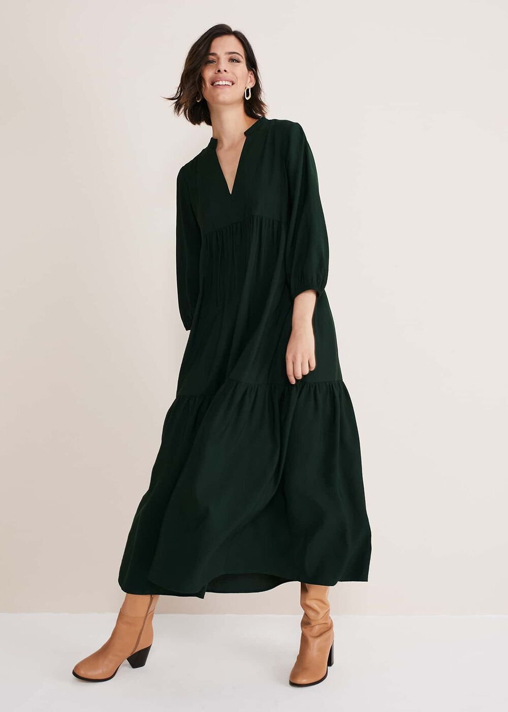 Jayde Tiered Midaxi Dress Dark Green