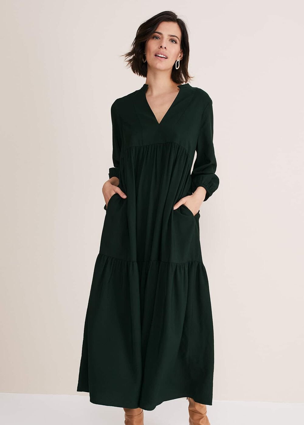 Jayde Tiered Midaxi Dress Dark Green