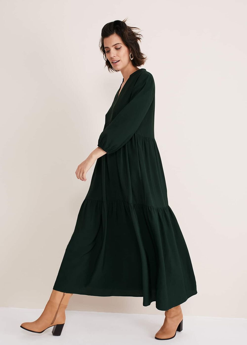 Jayde Tiered Midaxi Dress Dark Green