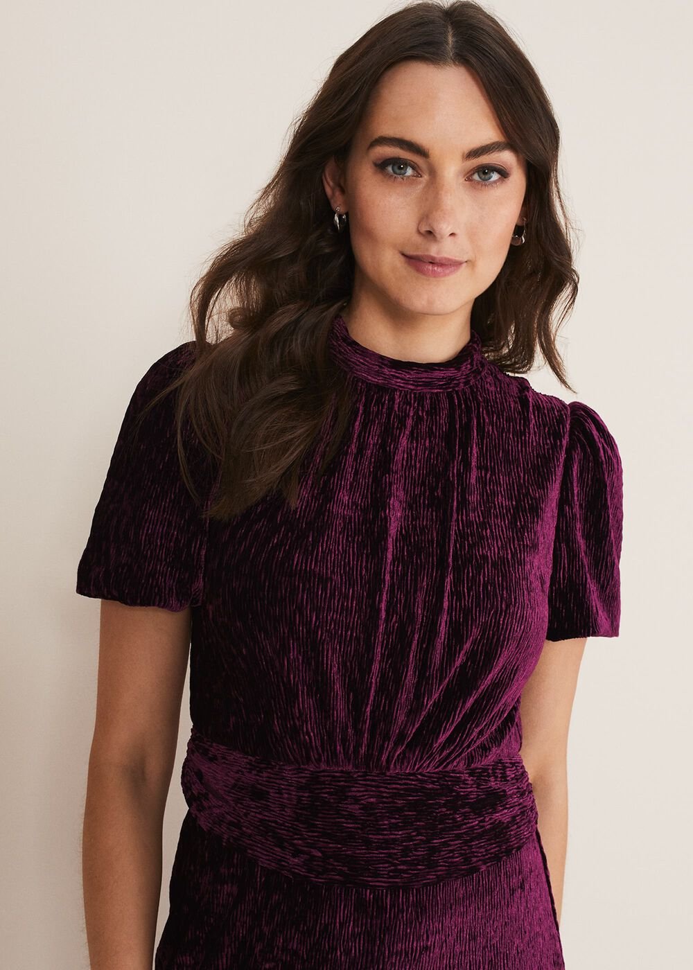 Kaylee Velvet Pleat Dress BLUE/CAMEL/PINK