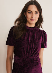Kaylee Velvet Pleat Dress BLUE/CAMEL/PINK