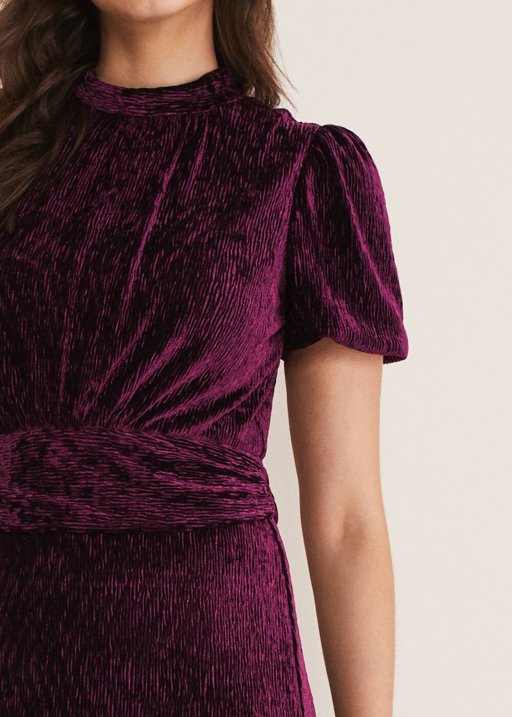 Kaylee Velvet Pleat Dress BLUE/CAMEL/PINK