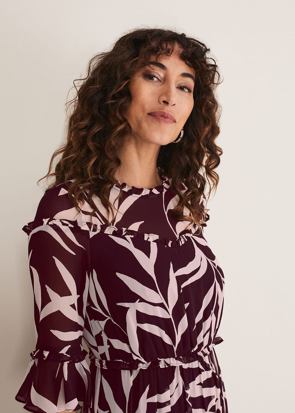 Amber Leaf Print Tiered Dress Black/Blush
