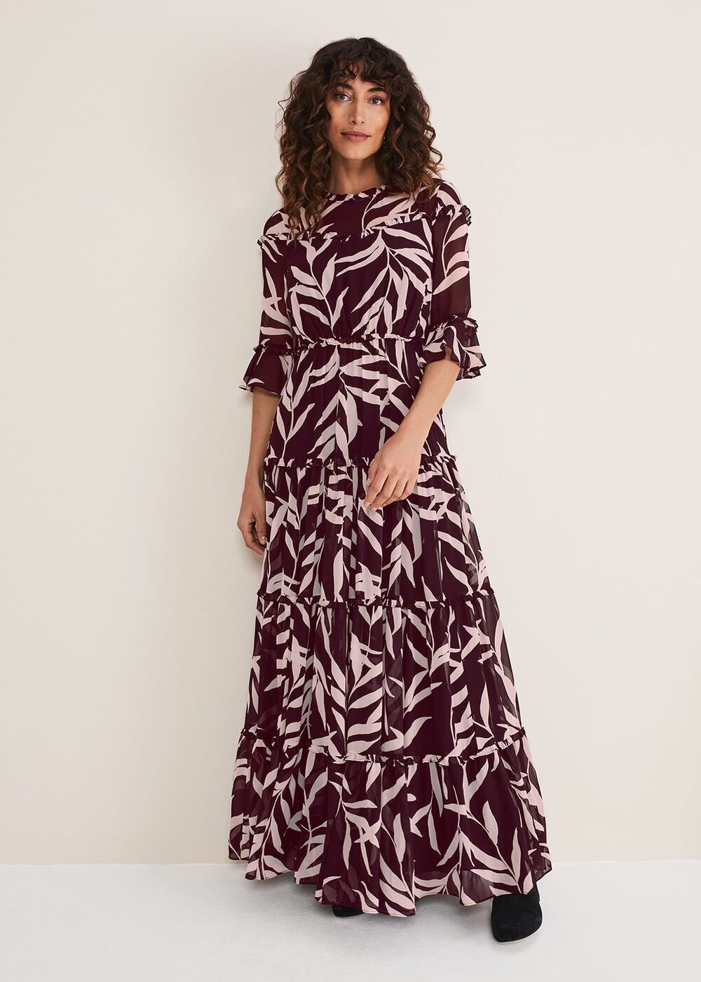 Amber Leaf Print Tiered Dress Black/Blush