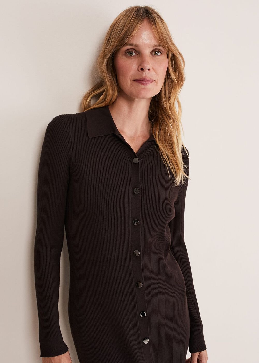 Rosa Ribbed Button Through Dress Chocolate