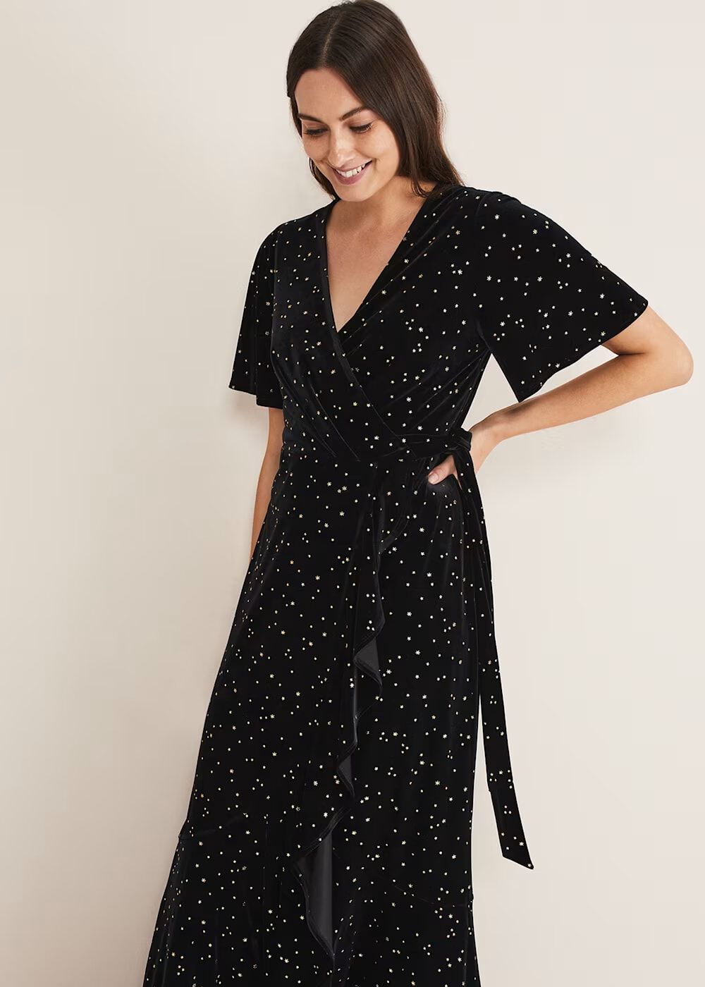 Holly Velvet Star Wrap Maxi Dress Black