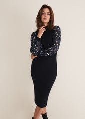 Elmina Woven Sleeve Star Knit Dress Navy
