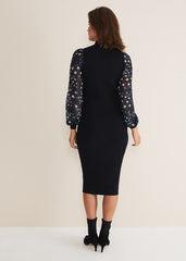 Elmina Woven Sleeve Star Knit Dress Navy